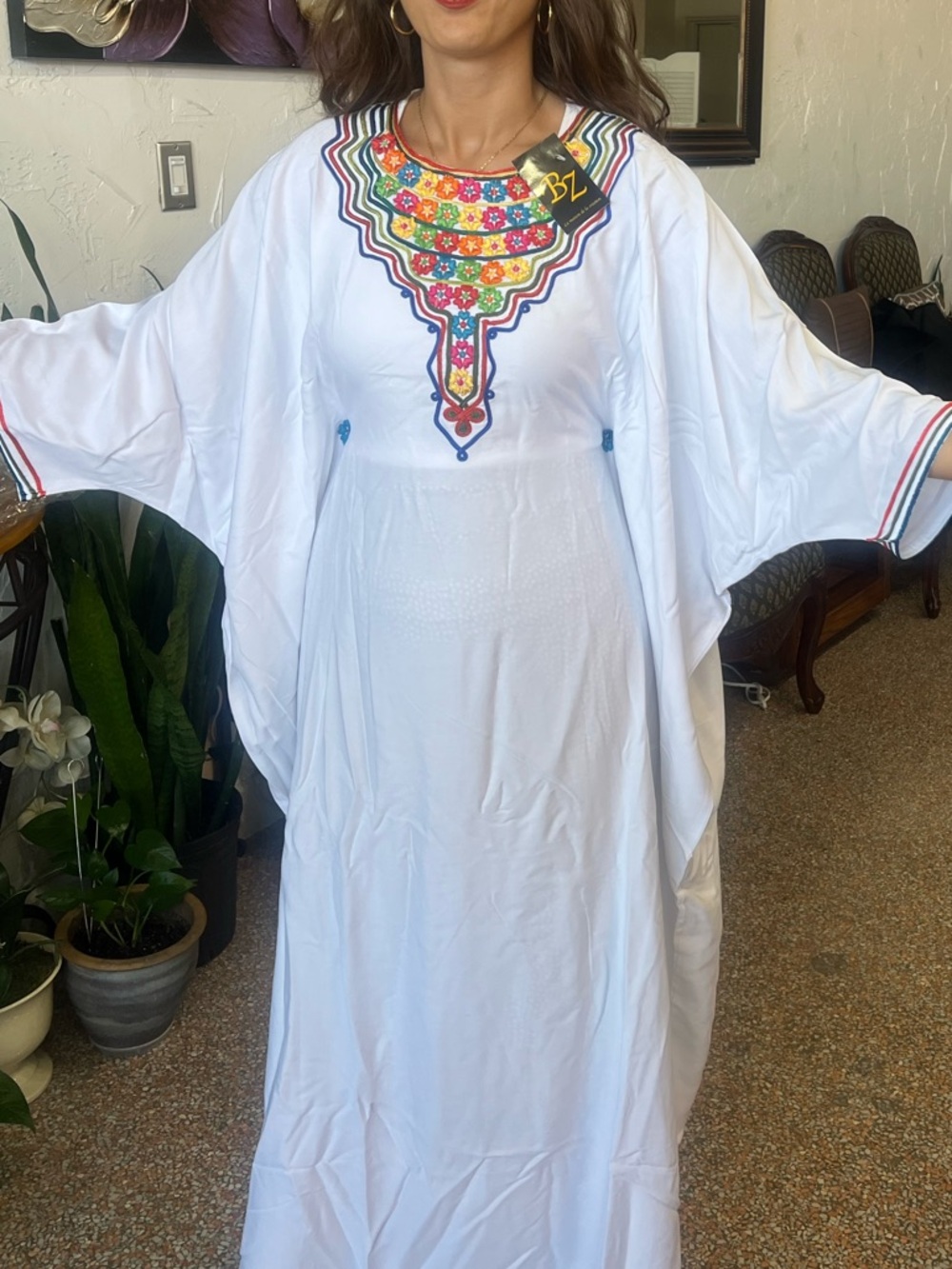 Embroidered White Caftan with Colorful Neckline